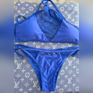 Royal Blue Bikini Set With Beaded Bottom Accent And Adjustable Straps